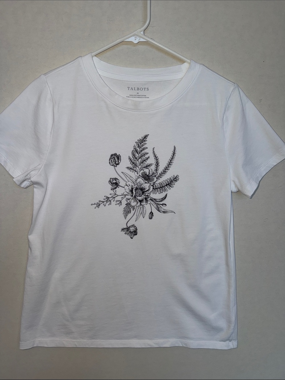 Talbots White Tee with Black Botanical Sketch